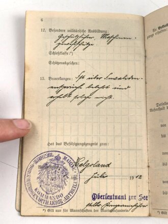 Kaiserliche Marine, Militärpaß eines Angehörigen in einer Matrosen Artillerie Abteilung Helgoland, dazu sein Führungszeugnis von 1912