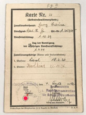 Soldatenfamilienarztkarte, datiert 1942
