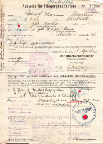 "Ausweis für Fliegergeschädigte" datiert 1944, DIN A5, geklebt