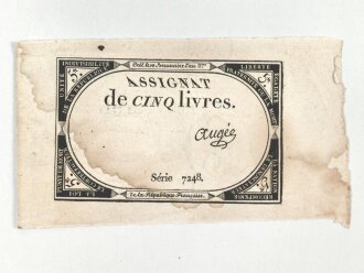 Französische Revolution, "Assignat" Geldschein über 5 Livres, um 1790