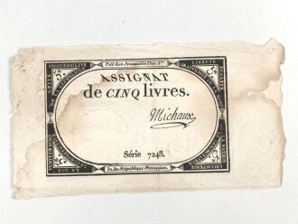 Französische Revolution, "Assignat" Geldschein über 5 Livres, um 1790