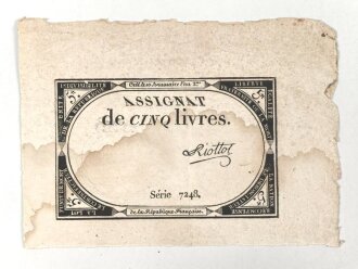 Französische Revolution, "Assignat" Geldschein über 5 Livres, um 1790
