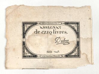 Französische Revolution, "Assignat" Geldschein über 5 Livres, um 1790