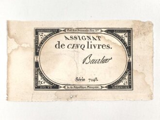 Französische Revolution, "Assignat" Geldschein über 5 Livres, um 1790