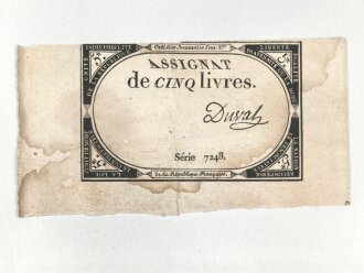 Französische Revolution, "Assignat" Geldschein über 5 Livres, um 1790
