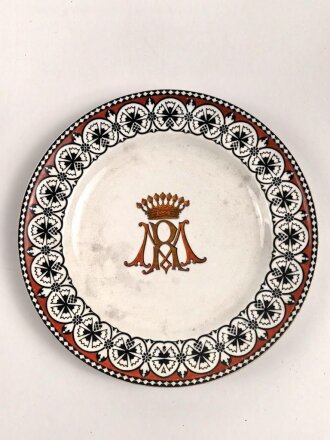 Flacher Teller, Durchmesser 26cm, Monogramm M & R im Logo, Anscheinend Majolika, wahrscheinlich um 1900
