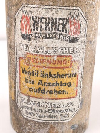 "Tetra 2" Feuerlöscher aus der Zeit des 2.Weltkrieg. Originallack, ungereinigtes Stückt. Leer, dennnoch KEIN VERSAND NACH ÜBERSEE