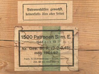 Patronenkasten B Wehrmacht. Packzettel  für 1500 Patronen 8 x 57 von 1944. Von einem amerikanischen Soldaten als Versandkasten benutzt.