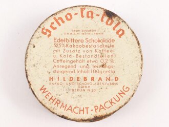 Scho-ka-kola Dose Wehrmacht Packung 1941, ungereinigtes Stück, halber Inhalt der Dose im Boden