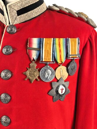 British Parade uniform, pants and visor hat, after WWI. Medal bar named to A.Bush, Service number 55592. Overall good condition
