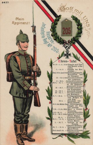 1. Weltkrieg, Ansichtskarte "Reserve Infanterie Regiment V. 205"