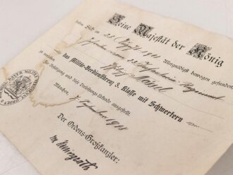 Bayern , Verleihungs Urkunde für das Militär Verdienstkreuz 3.Klasse mit Schwertern. Ausgestellt auf einen Gefreiten im Infanterie Regiment 23. Dazu die Auszeichnung, ein Band beiliegend