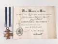 Bayern , Verleihungs Urkunde für das Militär Verdienstkreuz 3.Klasse mit Schwertern. Ausgestellt auf einen Gefreiten im Infanterie Regiment 23. Dazu die Auszeichnung, ein Band beiliegend