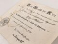 Bayern , Verleihungs Urkunde für das Militär Verdienstkreuz 3.Klasse mit Schwertern. Ausgestellt auf einen Gefreiten im Infanterie Regiment 23. Dazu die Auszeichnung, ein Band beiliegend