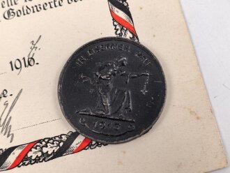 1.Weltkrieg, "Sammlung von Goldschmuck 1916" Schmuckblatturkunde von 1917,  dazu die Medaille  " In eiserner Zeit"