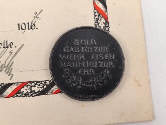 1.Weltkrieg, "Sammlung von Goldschmuck 1916" Schmuckblatturkunde von 1917,  dazu die Medaille  " In eiserner Zeit"
