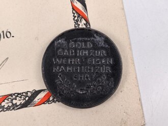 1.Weltkrieg, "Sammlung von Goldschmuck 1916" Schmuckblatturkunde von 1916,  dazu die Medaille  " In eiserner Zeit"