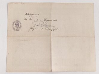 Hessen, Verleihungsurkunde Allgemeines Ehrenzeichen für Tapferkeit, ausgestellt auf einen Angehörigen im Feldartillerie Regiment 25 . Mehrfach gefaltet