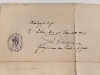 Hessen, Verleihungsurkunde Allgemeines Ehrenzeichen für Tapferkeit, ausgestellt auf einen Angehörigen im Feldartillerie Regiment 25 . Mehrfach gefaltet