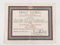 Hessen, Verleihungsurkunde Allgemeines Ehrenzeichen für Tapferkeit, ausgestellt auf einen Angehörigen im Feldartillerie Regiment 25 . Mehrfach gefaltet
