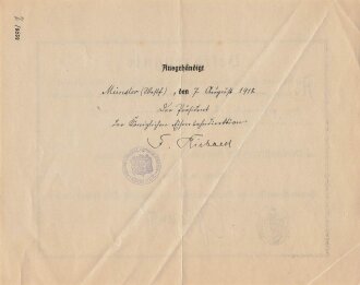 Preussen, Verleihungsurkunde zum Verdienstkreuz für Kriegshilfe, ausgestellt auf einen Eisenbahn Obersekretär 1918. Dazu die Verleihungsurkunde zum Oldenburger Friedrich August Kreuz II. Klasse , ausgestellt am 24.1.1918