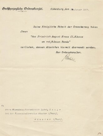 Preussen, Verleihungsurkunde zum Verdienstkreuz für...