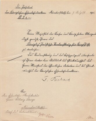 Preussen, Verleihungsurkunde zum Verdienstkreuz für Kriegshilfe, ausgestellt auf einen Eisenbahn Obersekretär 1918. Dazu die Verleihungsurkunde zum Oldenburger Friedrich August Kreuz II. Klasse , ausgestellt am 24.1.1918