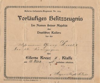 Preussen, vorläufiges Besitzzeugnis für das...