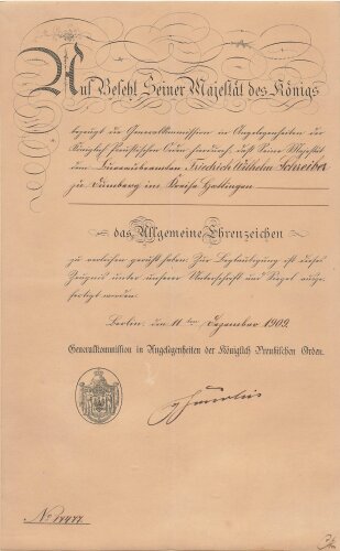 Preussen, Verleihungsurkunde für das Allgemeine...