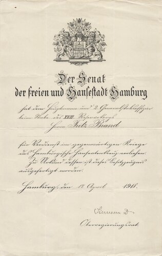 Hamburg, Verleihungsurkunde zum Hanseatenkreuz, ausgestellt am 17.4.1918 auf einen Generalstabsoffizier. Mehrfach gefaltet