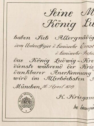 Bayern , Verleihungs Urkunde für das König...