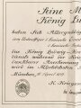 Bayern , Verleihungs Urkunde für das König Ludwig Kreuz für Heimatverdienste, ausgestellt auf einen Unteroffizier des Landwehr Infanterie Regiment 4 am 26.4.1917. Die Urkunde mehrfach gefaltet. Dazu das Abzeichen samt Bandabschnitt
