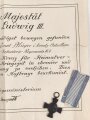Bayern , Verleihungs Urkunde für das König Ludwig Kreuz für Heimatverdienste, ausgestellt auf einen Unteroffizier des Landwehr Infanterie Regiment 4 am 26.4.1917. Die Urkunde mehrfach gefaltet. Dazu das Abzeichen samt Bandabschnitt