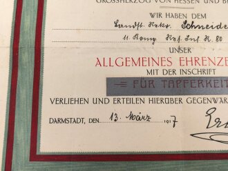 Hessen, Verleihungsurkunde Allgemeines Ehrenzeichen für Tapferkeit, ausgestellt auf einen Angehörigen im Reserve Infanterie Regiment 80 . Mehrfach gefaltet