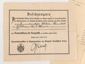 Preussen, Verleihungsurkunde zum Verdienstkreuz für...
