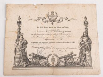Preussen, Verleihungsurkunde zur Kriegs Denkmünze 1870/71 für Combattanten, ausgestellt am 1.8.1871 auf einen Angehörigen im Füsilier Regiment 73. Eigenhändige Unterschrift Oberst und Regimentskommandeur. Mehrfach gefaltet