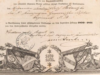 Preussen, Verleihungsurkunde zur Kriegs Denkmünze 1870/71 für Combattanten, ausgestellt am 1.8.1871 auf einen Angehörigen im Füsilier Regiment 73. Eigenhändige Unterschrift Oberst und Regimentskommandeur. Mehrfach gefaltet