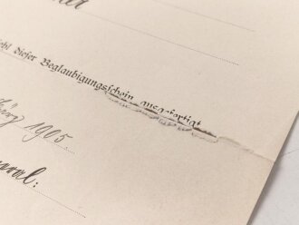 Bayern , Besitzzeugnis zur Jubiläumsmedaille 1905. Mittig gefaltet, dazu die Medaille am Band