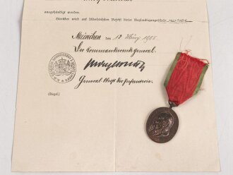 Bayern , Besitzzeugnis zur Jubiläumsmedaille 1905. Mittig gefaltet, dazu die Medaille am Band