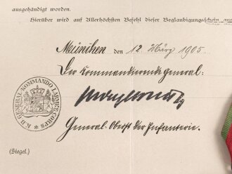 Bayern , Besitzzeugnis zur Jubiläumsmedaille 1905. Mittig gefaltet, dazu die Medaille am Band