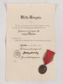 Bayern , Besitzzeugnis zur Jubiläumsmedaille 1905. Mittig gefaltet, dazu die Medaille am Band
