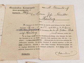 Hamburg, Verleihungsurkunde zum Hanseatenkreuz, ausgestellt am 20.10.1916 auf einen Pionier. Dazu das kreuz am Band sowie diverse weitere Papiere, ein Foto und sein Führungszeugnis