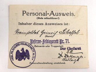Bayern , Vorläufiger Ausweis für das Eiserne Kreuz II.Klasse, ausgestellt auf einen Angehörigen Reserve Feldlazarett 71 am 7.11.1918.