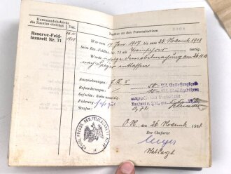 Bayern , Vorläufiger Ausweis für das Eiserne Kreuz II.Klasse, ausgestellt auf einen Angehörigen Reserve Feldlazarett 71 am 7.11.1918.
