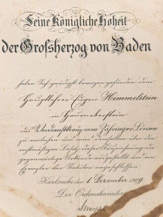 Baden, Verleihungsurkunde zum Verdienstkreuz vom...