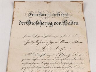 Baden, Verleihungsurkunde zum Verdienstkreuz vom Zähringer Löwen, ausgestellt 1909. Verschmutzt und mehrfach gefaltet