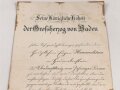 Baden, Verleihungsurkunde zum Verdienstkreuz vom Zähringer Löwen, ausgestellt 1909. Verschmutzt und mehrfach gefaltet