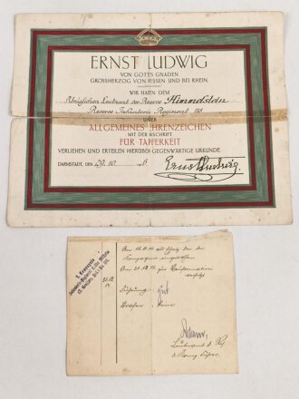 Hessen, Verleihungsurkunde Allgemeines Ehrenzeichen für Tapferkeit, ausgestellt auf einen Angehörigen im Reserve Infanterie Regiment 118 . Mehrfach gefaltet, geklebt