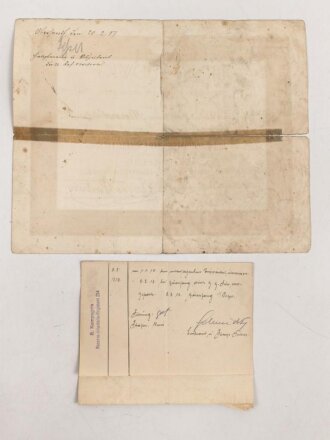 Hessen, Verleihungsurkunde Allgemeines Ehrenzeichen für Tapferkeit, ausgestellt auf einen Angehörigen im Reserve Infanterie Regiment 118 . Mehrfach gefaltet, geklebt