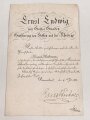 Hessen, Verleihungsurkunde Militär Sanitätskreuz am Kriegsbande, ausgestellt auf einen Angehörigen Etappen Kommandantur 8., dazu eine Dienstaltersurkunde vom 4.7.1914 mit eigenhändiger Unterschrift Ernst Ludwig.